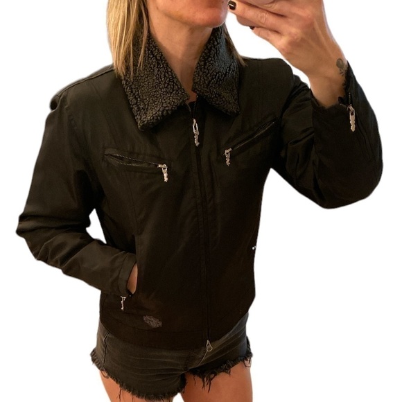 RARE Small Black Harley-Davidson Quilted Lined Jacket With Removable Collar